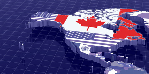 The territory of Canada is highlighted in close-up on the 3D map. 3d illustration
