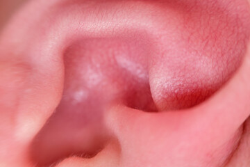 Ear of a newborn baby, close-up. Macro photo of a healthy child ear