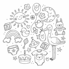 Set with black and white elements on the theme of the birth of a child in a simple cute doodle style in the form of a circle. Vector baby illustration isolated on background.