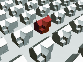 Background with many houses. View isometric. A red house in the center stands out. 3D. Vector illustration.