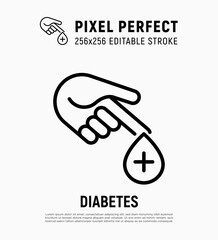 Diabetes. Blood test thin line icon. Blood droplet from finger. Diagnostics of sugar level. Pixel perfect, editable stroke. Vector illustration.