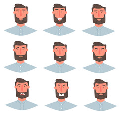Handsome man with beard portrait with different facial expressions set isolated on white background. Young guy smiling, happy, fear, angry, greeting emotions face vector character.