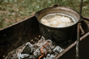 potatoes are boiled in a cauldron, green grass in the background, summer breakfast lunch dinner, food in nature.