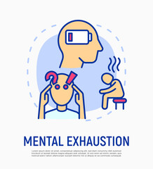 Mental exhaustion concept with thin line icons, working fatigue, frustrated man, low battery. Depression, professional crisis, low activity. Vector illustration.
