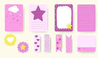  To-do list, post-it and scotch tape set. cute note pad. note paper with abstract star, heart, cloud in lilac, yellow.