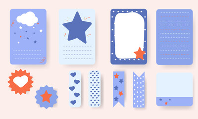 To-do list, post-it and scotch tape set. cute note pad. note paper with abstract star, heart, cloud in blue, red, blue