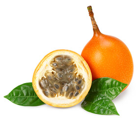 Granadilla or yellow passion fruit with green leaves isolated on white background. exotic fruit....