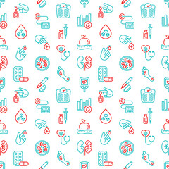 Diabetes seamless pattern with thin line icons: blood test, glucometer, glucose level, insulin pen, hyperglycemia, insulin pump, diabetic retinopathy,. Vector illustration for medical background.