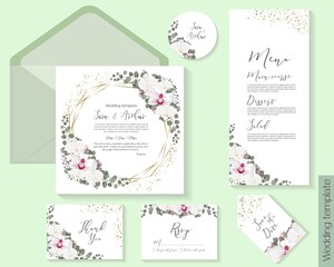 Vector floral frame for a postcard. White and royal orchids, eucalyptus, green plants and leaves, gold sequins. Square invitation card, thank you, rsvp, menu, tag, round label. 