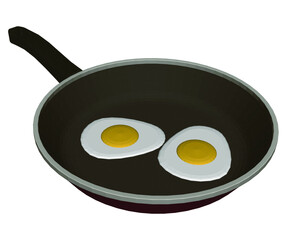 Realistic frying pan with fried eggs. View isometric. 3D. Vector illustration
