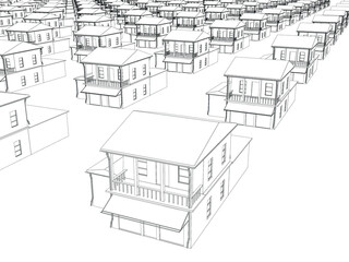 The outline of many identical houses in a row. 3D. Vector illustration.