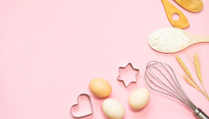 Kitchen utensils and baking ingredients. Flat planing