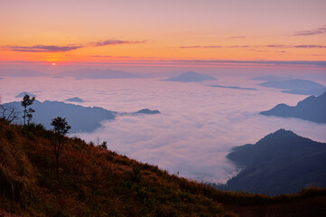 Naklejka premium Beautiful mountains landscape. Sunrise on Phu Chi Fa, North Thailand.