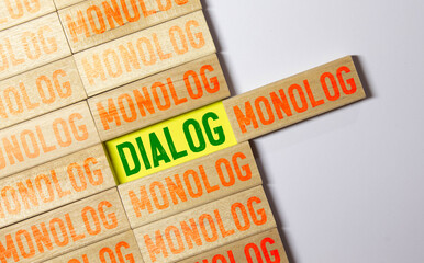 Hand flips a dice and changes the German word monolog dialog