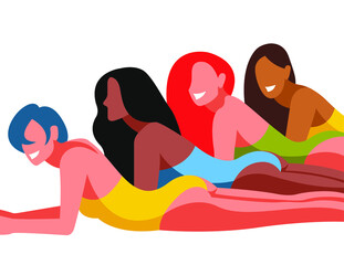 vector illustration on the theme of summer holidays.four girls in multi-colored swimsuits,with different skin types and hair colors,are resting and sunbathing on the beach isolated on white background