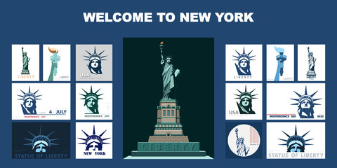 Welcome to New York. Statue of Liberty design template set. Banner, geometric blue and white flat design. Booklet, album poster. Name Independence Day. X-banner.Information banner, vector illustration - obrazy, fototapety, plakaty