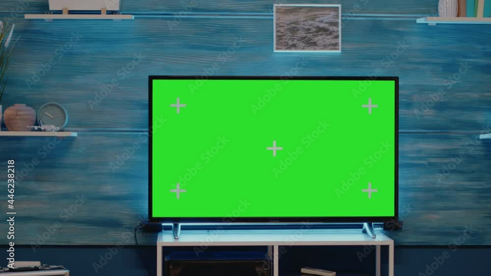 Poster nobody in flat with green screen tv display monitor used to design chroma key concept with isolated 