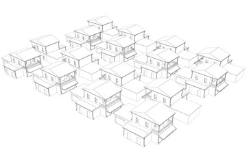 Contour of private houses isolated on white background. Isometric view. Vector illustration