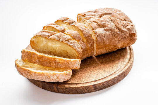 Fresh bread ciabatta loaf close up. Bakery background