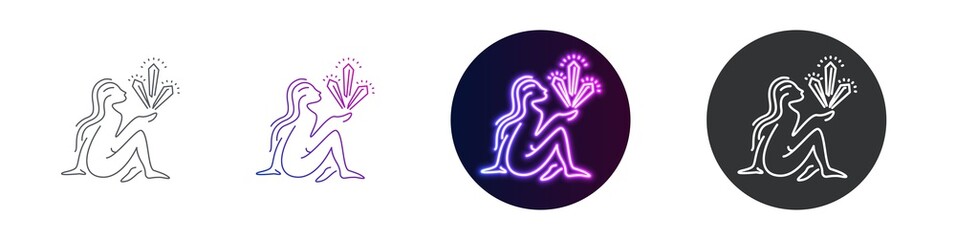 Crystal healing concept outline design illustration. Side view of a sitting woman with hand holding crystals. Alternative medicine symbols
