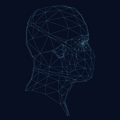 Wireframe of a human head in a protective mask. 3D. Vector illustration.
