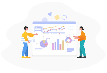 Obraz premium Financial chart, business report, statistics. Two people stand near page with various charts, diagrams. Modern vector illustration
