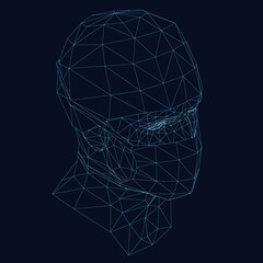 Wireframe of a human head in a protective mask. 3D. Vector illustration.