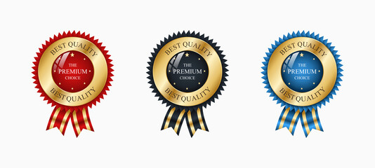 Best quality / Best choice medals set. Realistic golden labels - badges, best choice with ribbon. Realistic icons