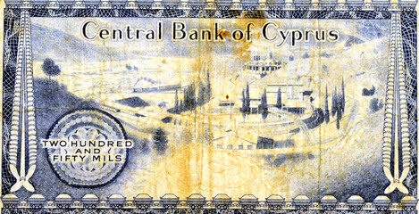 Large part of back side of the 250 Mil banknote Cyprus Year 1978 equals 0.25 Cypriot pounds, non...