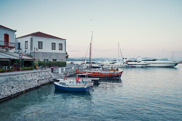 Fototapeta premium Old town with traditional white houses near the sea. Saronic gulf, Greece, Europe.
