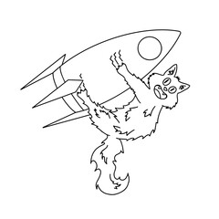A hand drawn coloring book of a cat flying in space on a rocket. Vector outline illustration for kids, kindergarten, nursery, book, banner, poster.