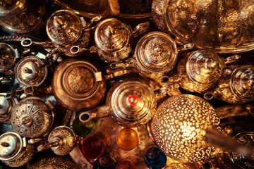 Fototapeta na wymiar Copper souvenir handicraft shop in Morocco.