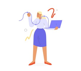 Concept of business. Flat vector illustration with successful woman working on a laptop. Promotion and development of business through the website, advertising in social networks or analytics. 