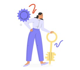 Concept of leadership. Flat vector illustration with business woman holding the key to success in a job, new project or startup.