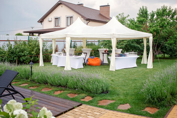 Backyard barbeque party at summer, elegant decoration, luxury catering, tasty and beautiful food on...