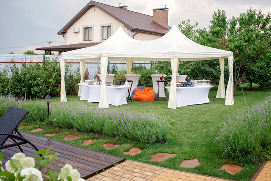 Backyard barbeque party at summer, elegant decoration, luxury catering, tasty and beautiful food on open air, drink and buffet standing reception, festive celebration