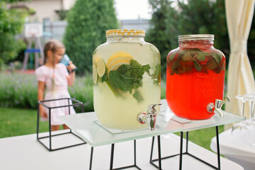 Girl holding a glass of colorful natural fruits lemonade during backyard barbeque party at summer, elegant decoration, luxury catering, drink and buffet standing reception, festive celebration - obrazy, fototapety, plakaty