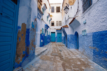 Street in medina of blue town Chefchaouen, Morocco.