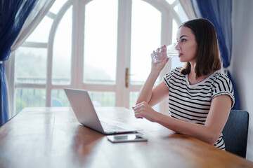 Working at home. Freelance concept. Pretty young woman drinking water using laptop at her apartment.