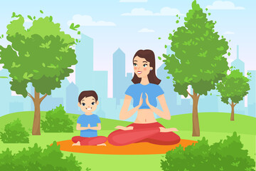 Obraz na płótnie Canvas Family outdoor yoga in summer nature calm park vector illustration. Cartoon happy mother and child son yogist characters sitting in lotus position in city garden or park on green grass lawn background