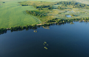 Aerial view of green shore of blue lake on summer morning