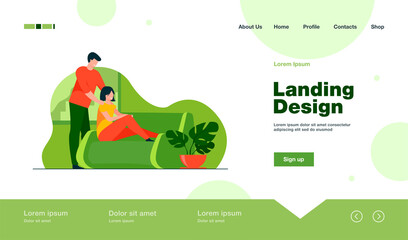 Happy young couple at home. Cheerful guy massaging shoulders of his girlfriend flat vector illustration. Relationship, comfort, relaxing concept for banner, website design or landing web page