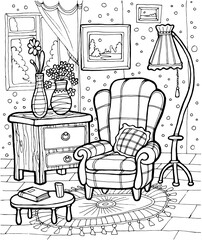 Black and white coloring book home interior of a room vector illustration 