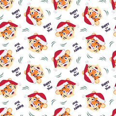 Seamless pattern with a tiger in a red Santa hat. Festive print for new year and winter holidays, textiles, wrapping paper and designs