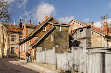 Old historic building in sunny winter day, Kuldiga old town, Latvia.