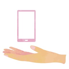 手とスマホ01_03（差し出した手の上に浮かぶピンクのスマートフォン）