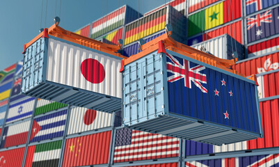 Freight containers with Japan and New Zealand flag. 3D Rendering 