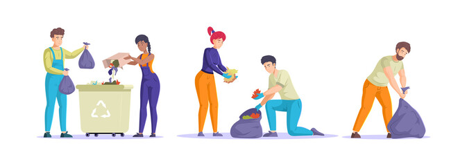 Collection diverse people clean up garbage. Man, woman and children volunteers cleaning from wastes © Svetlanas01