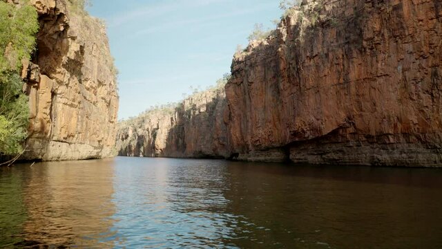 downstream view of the second gorge cliffs of nitmiluk gorge, also known as katherine gorge at nitmiluk national park in the northern territory