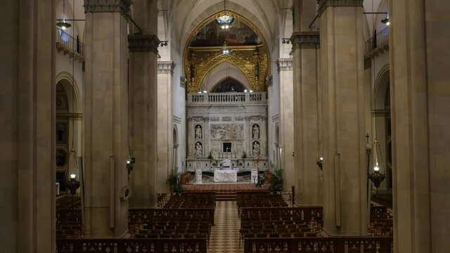 Aerial footage drone view Indoor of Fresco in Old Loreto Churc called basilica Della Santa Casa in Ancona Marche italy // no video editing
